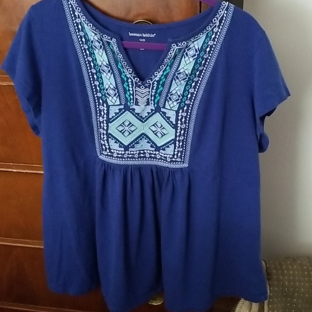 Woman Within Blue Peasant Top Size L 18/20